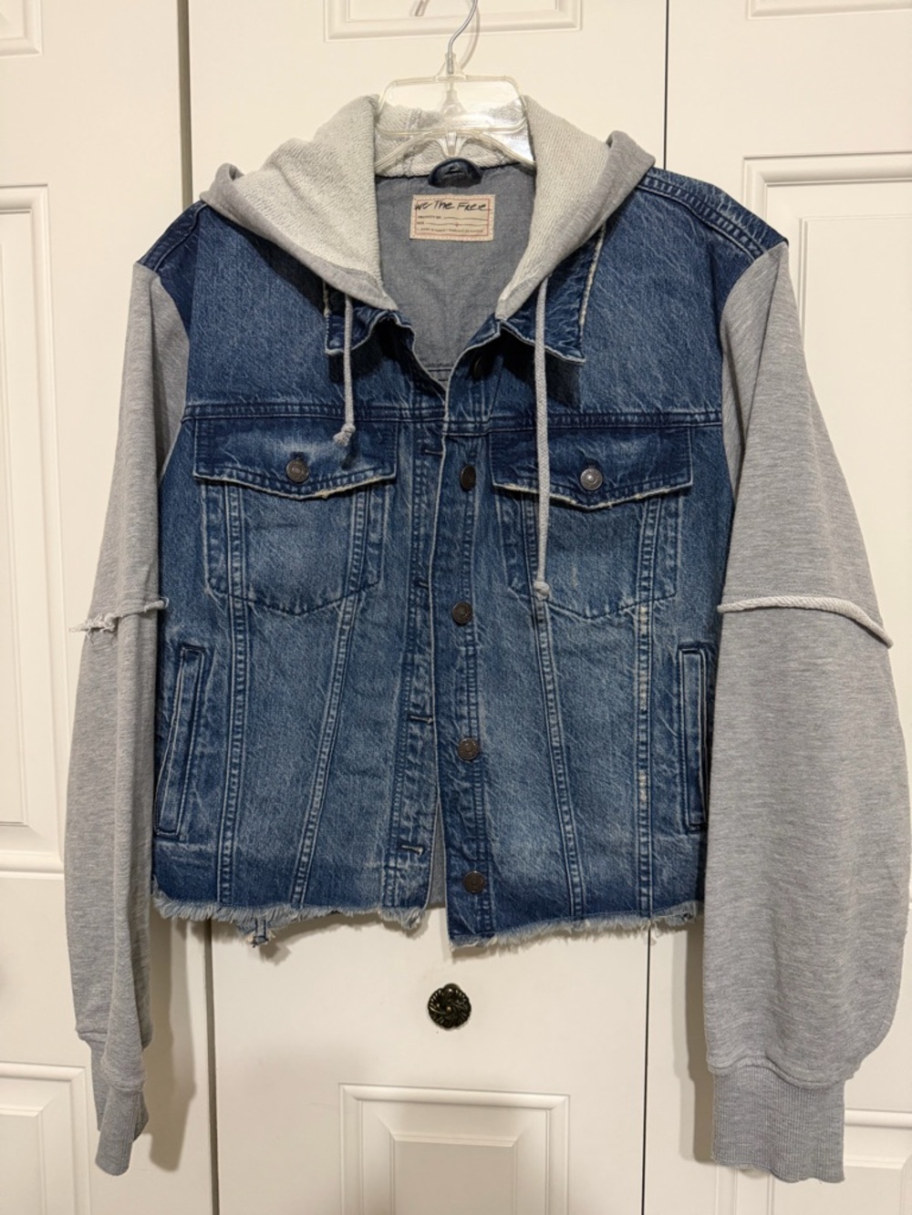 We The Free Blue Denim Jacket with Gray Hoodie Detail